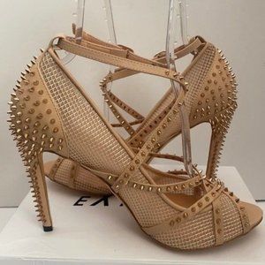 NEW Ladies Nude Vegan Leather Mesh Spiked Stiletto Open Toe Heels Sz 13